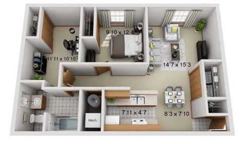 A 3D floor plan of a small apartment with a kitchen, living room, and bathroom.